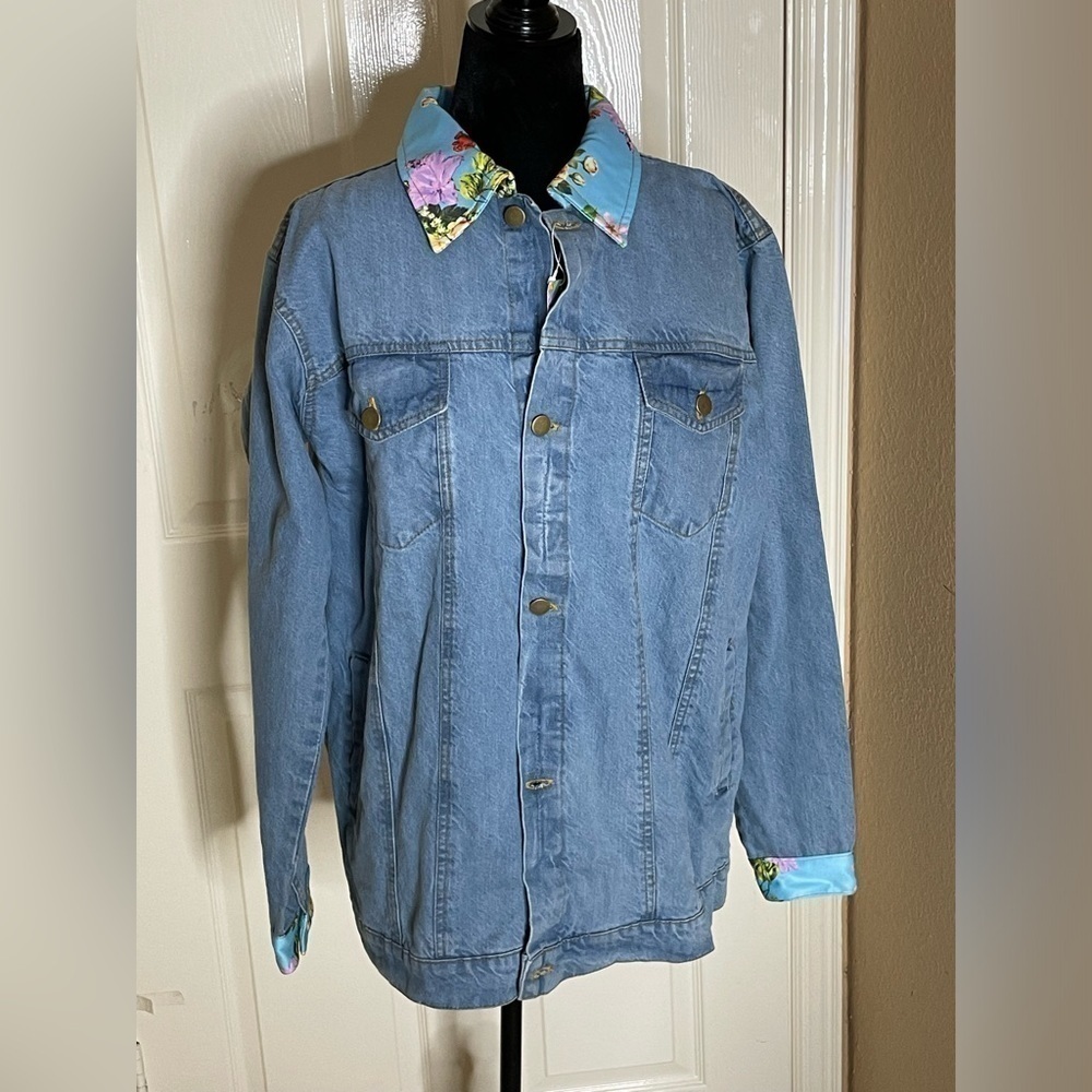 Franki Ray Denim Chore Jacket with Embroidered Flowers and Fringe Large